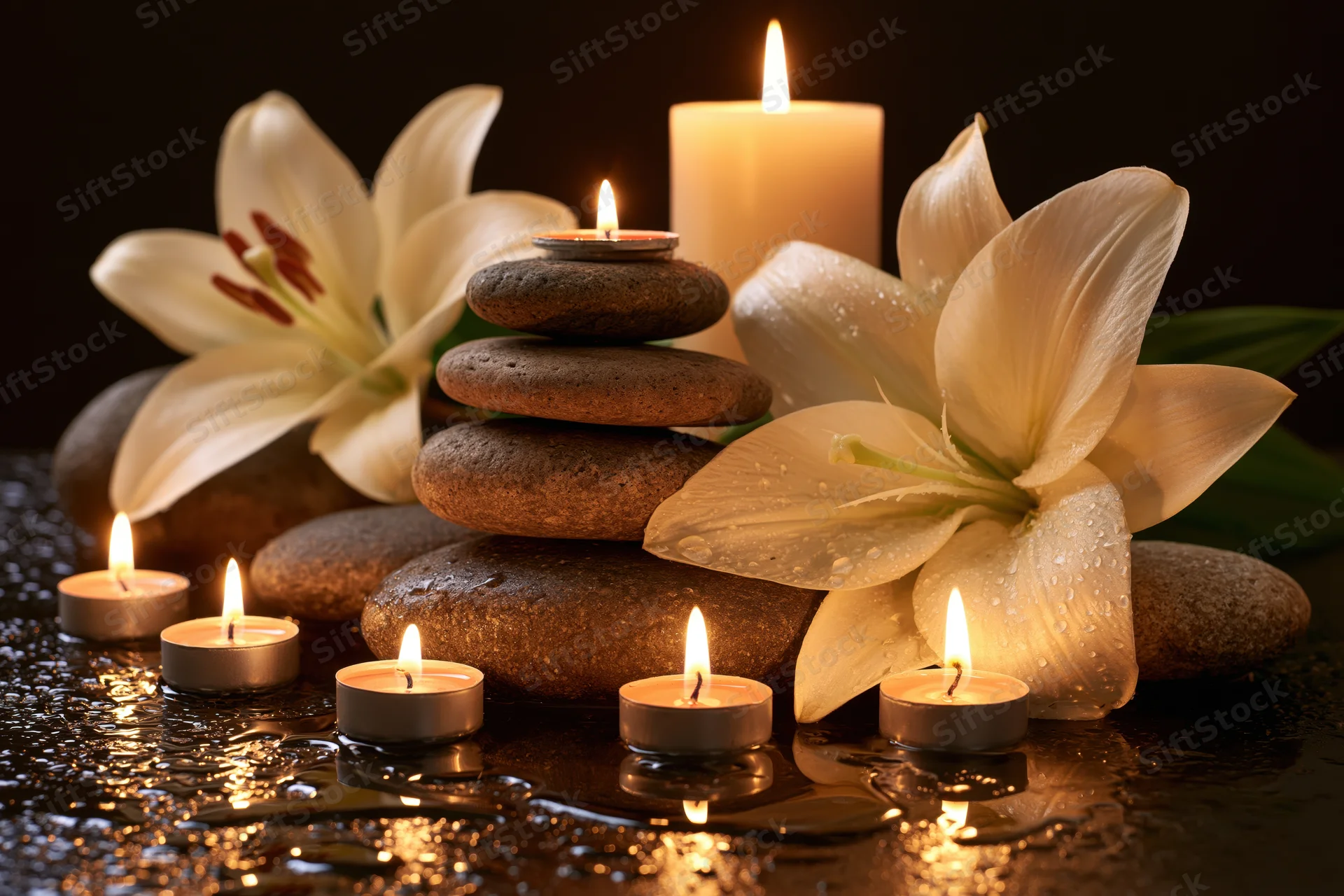 White lilies and stacked stones with lit candles on wet surface in spa still life arrangement