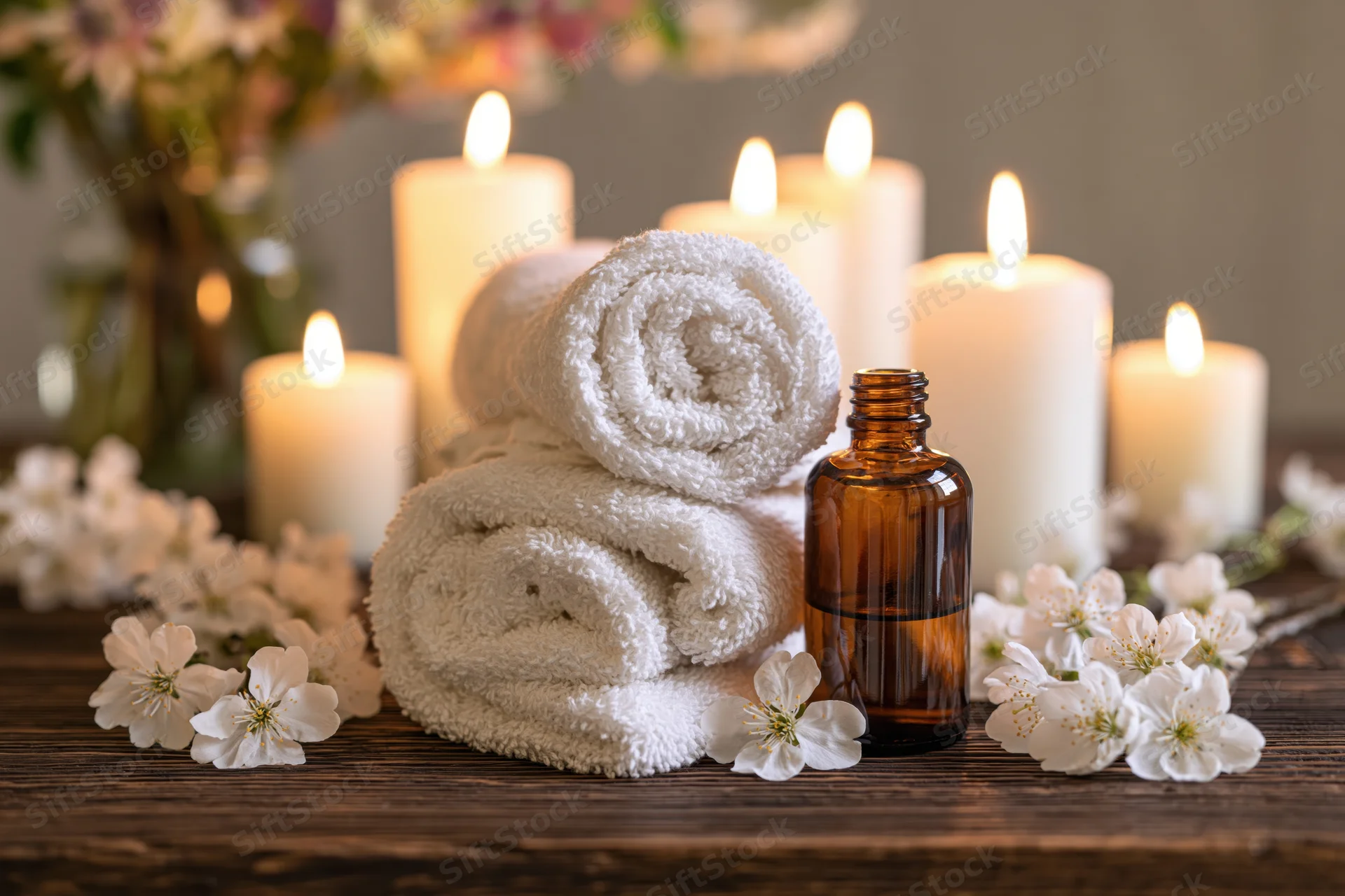 Rolled white towels and amber essential oil bottle surrounded by lit candles and cherry blossoms on dark wooden table