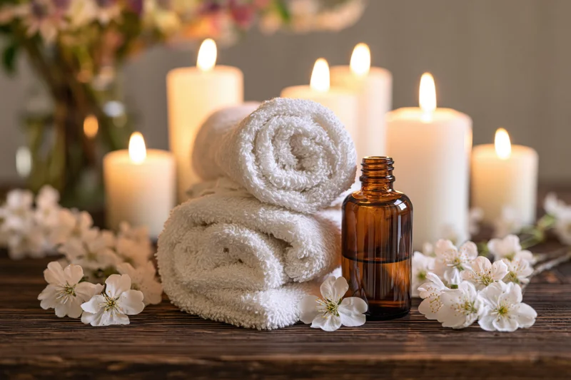 Rolled white towels and amber essential oil bottle surrounded by lit candles and cherry blossoms on dark wooden table