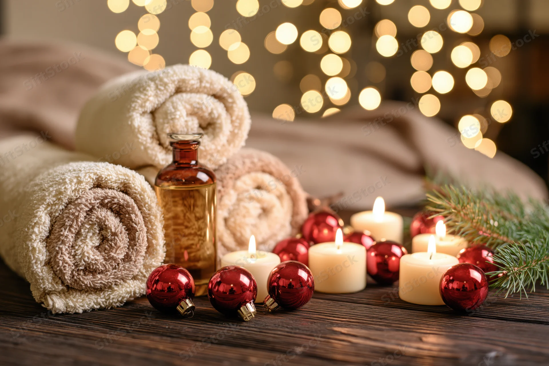 Rolled towels and candles with red ornaments on a dark wooden table, festive lights in background