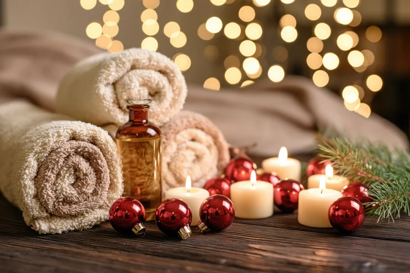 Rolled towels and candles with red ornaments on a dark wooden table, festive lights in background