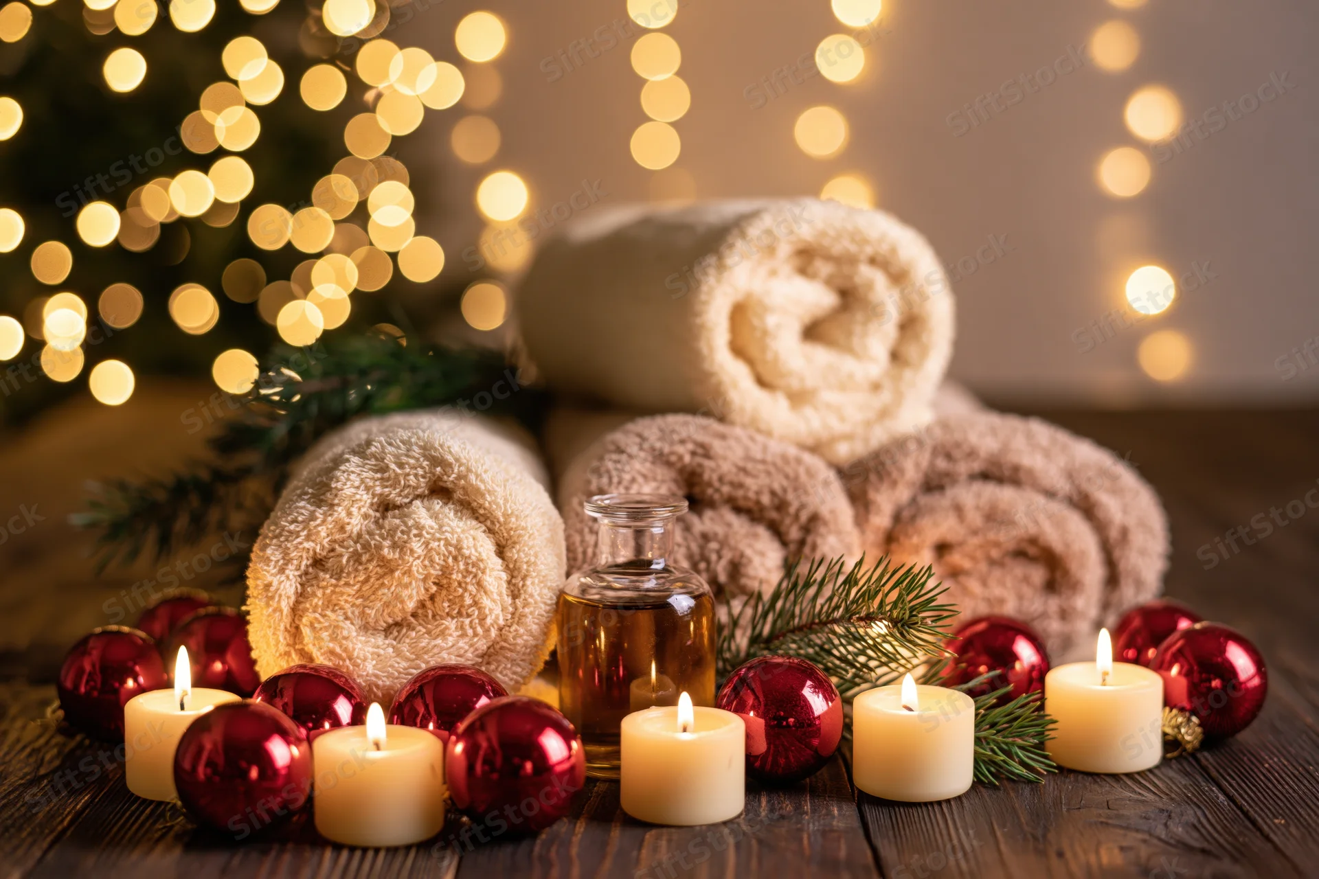 Rolled towels and candles with christmas ornaments on a wooden table