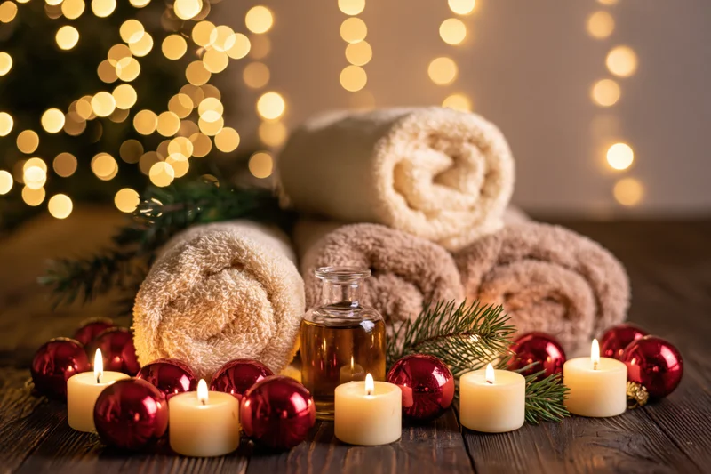 Rolled towels and candles with christmas ornaments on a wooden table