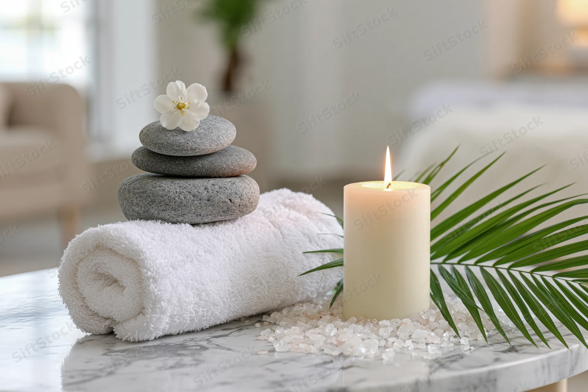 Rolled white towel with stacked stones, lit candle and palm leaf on marble surface in spa setting