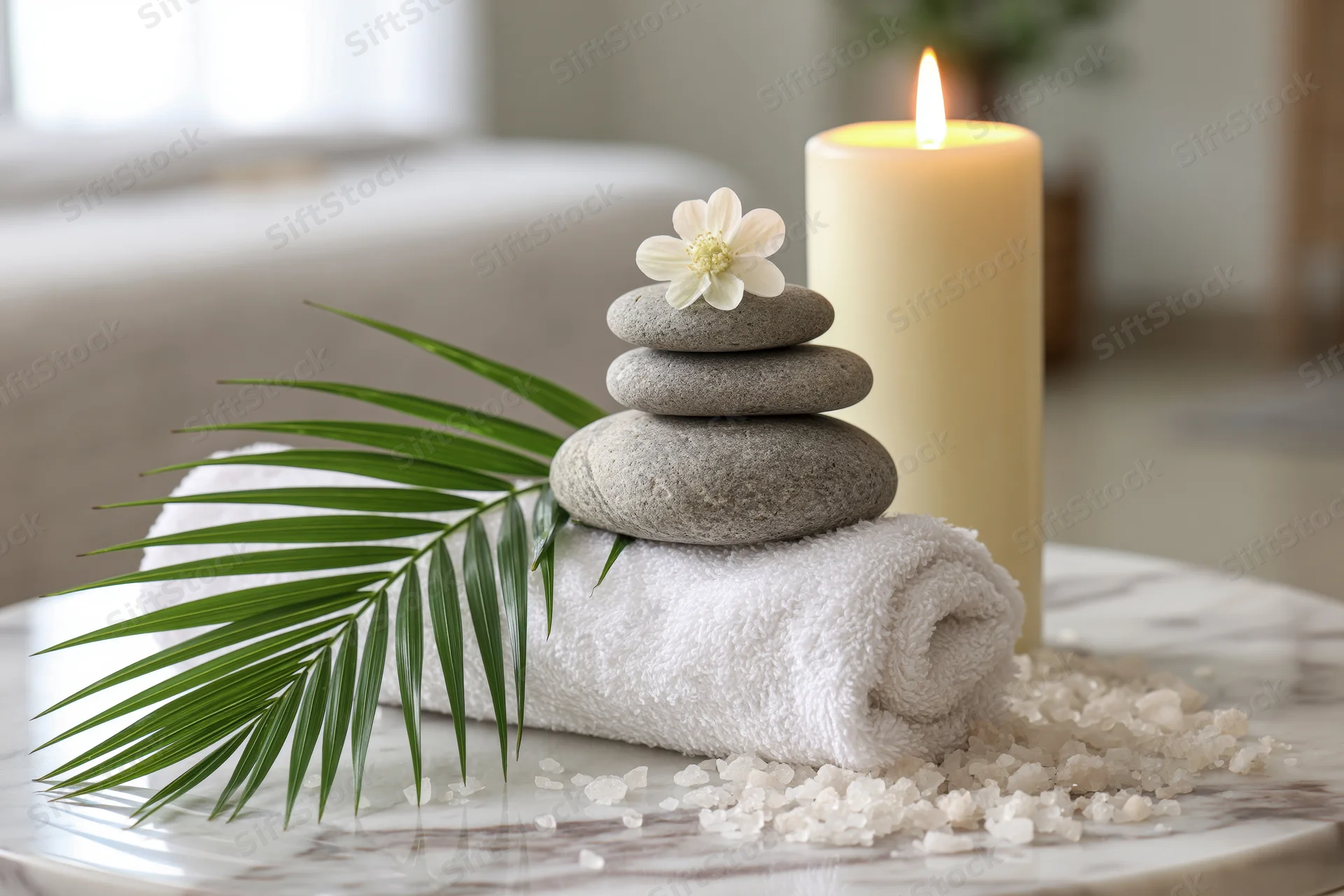 Stacked stones with flower and palm leaf on rolled white towel beside lit candle and salt on marble surface