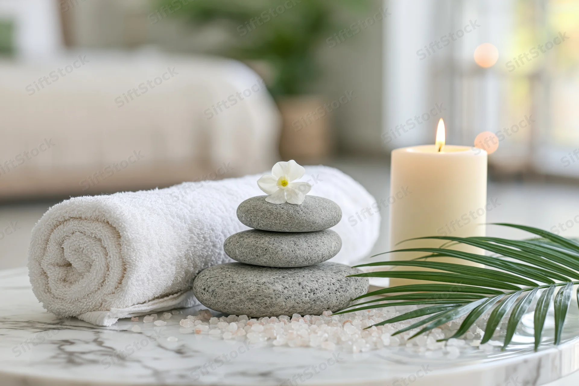 Rolled white towel beside stacked stones and lit candle on marble surface with palm leaf and salt crystals