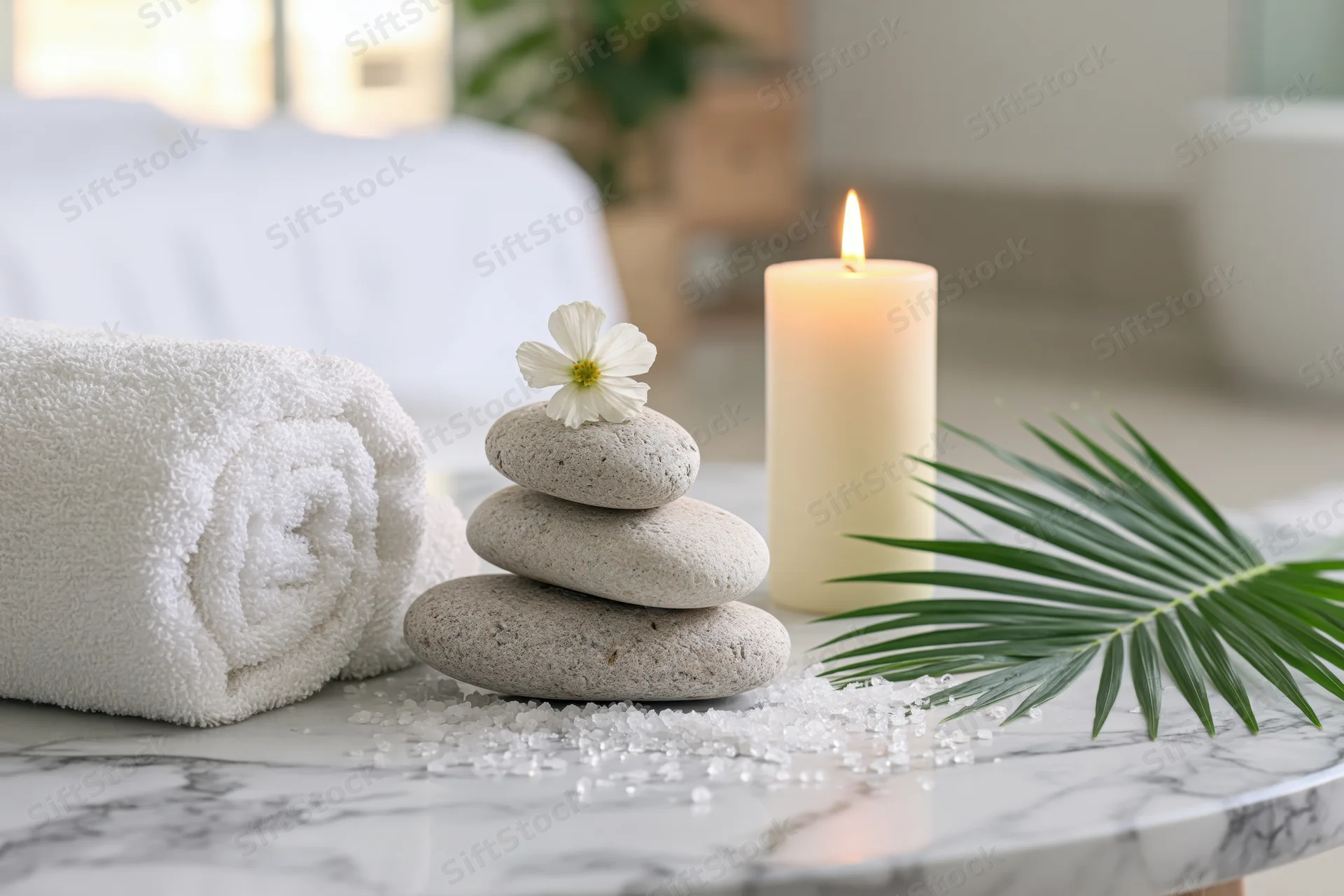 Rolled white towel beside stacked stones, lit candle and palm leaf on marble surface