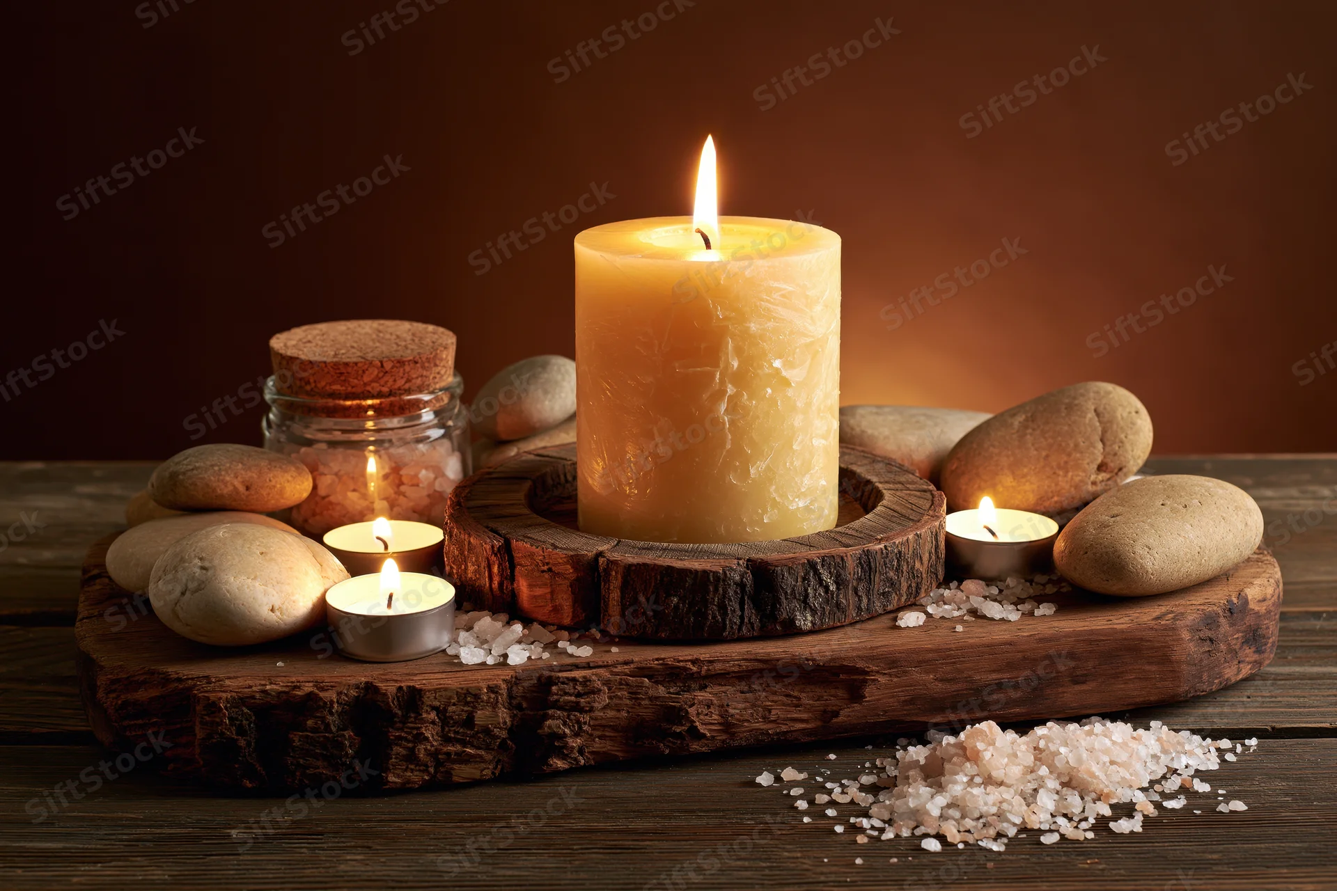 Lit pillar candle on rustic wooden tray with stones, salt, and small candles, arranged for spa ambiance