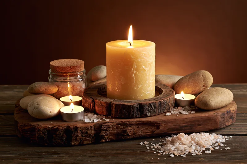 Lit pillar candle on rustic wooden tray with stones, salt, and small candles, arranged for spa ambiance