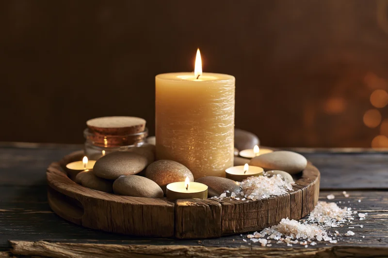 Lit pillar candle with smooth stones and salt on a rustic wooden tray on dark wood surface
