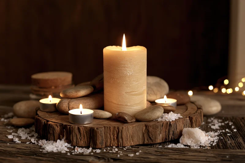 Lit pillar candle on rustic wooden slice surrounded by stones and salt for spa ambiance
