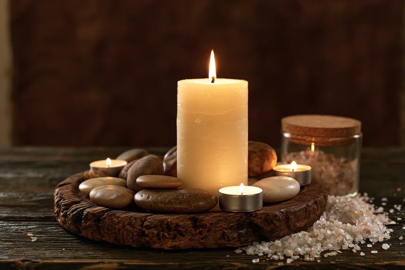 Lit pillar candle surrounded by smooth stones and sea salt on a rustic wooden tray