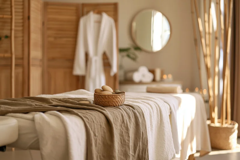 Massage table draped with towels and stones in a spa treatment room with bamboo decor and soft lighting