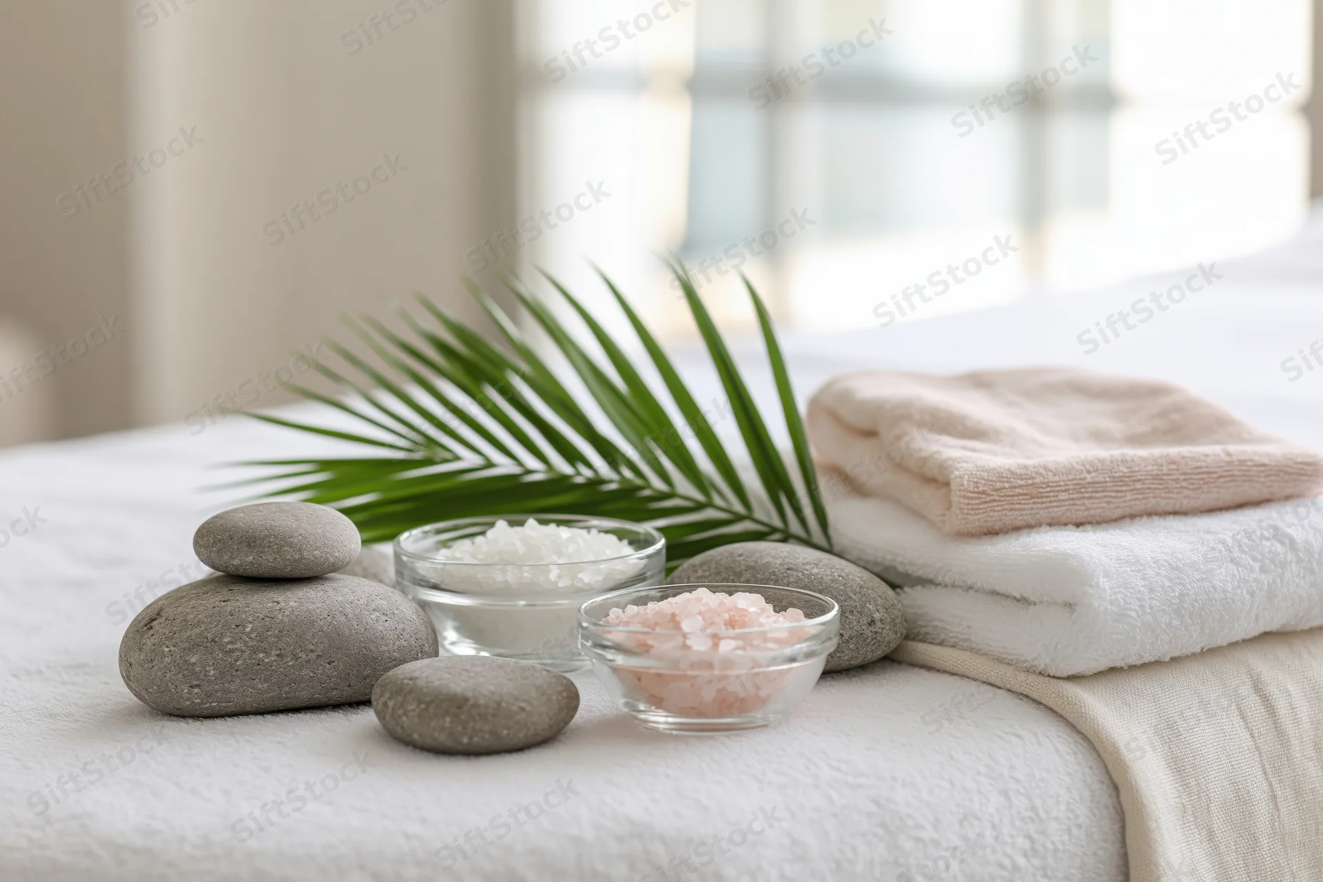 Spa treatment setup with stones, salt, towels and leaf on white massage table