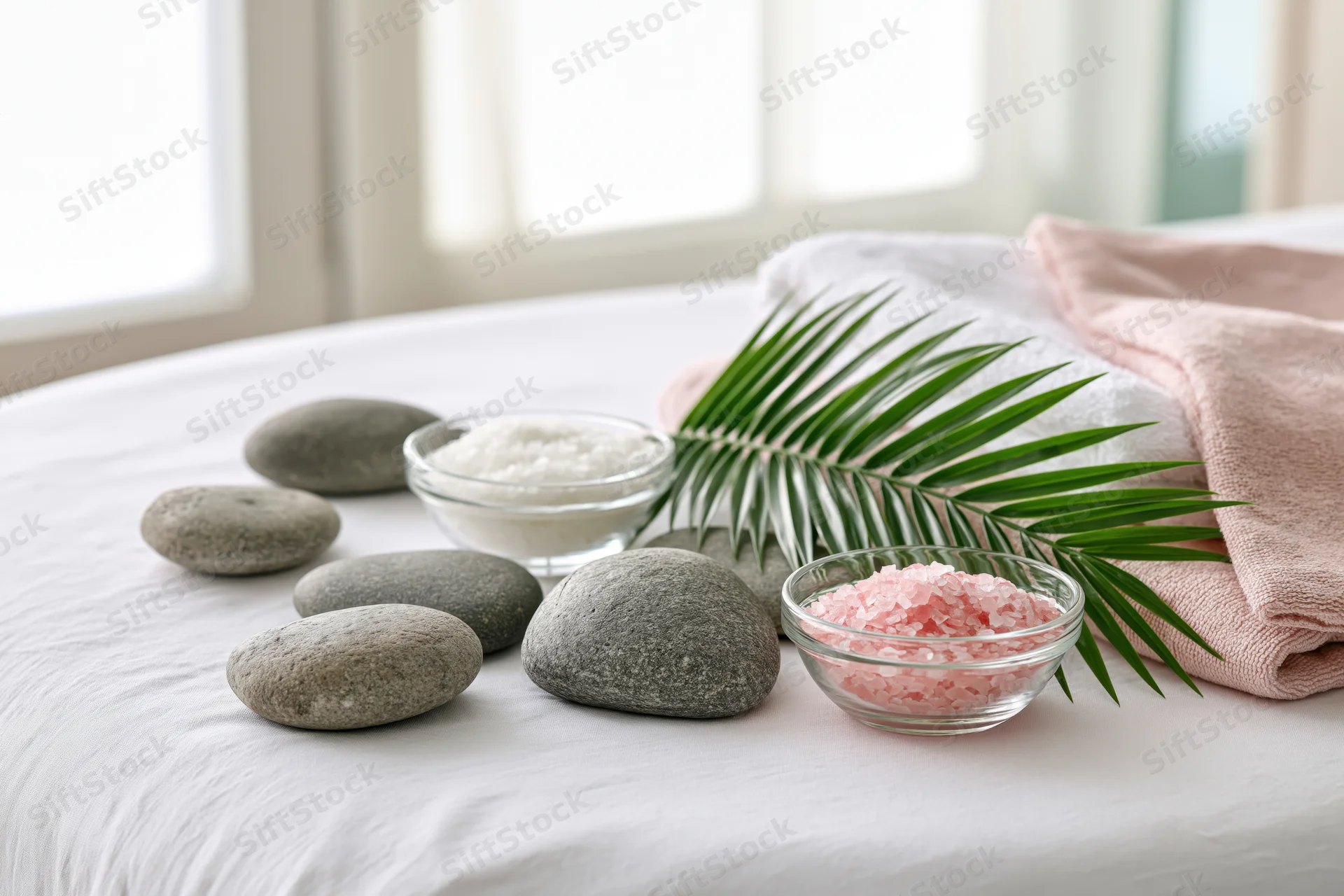 Smooth stones and bowls of salt arranged on a white massage table with a towel and palm leaf