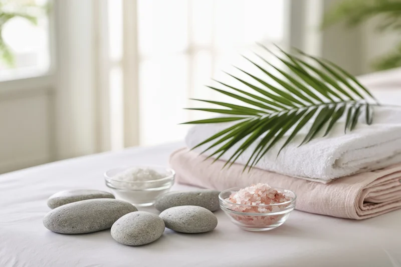 Smooth stones and salt bowls arranged on a white massage table with folded towels and a palm leaf