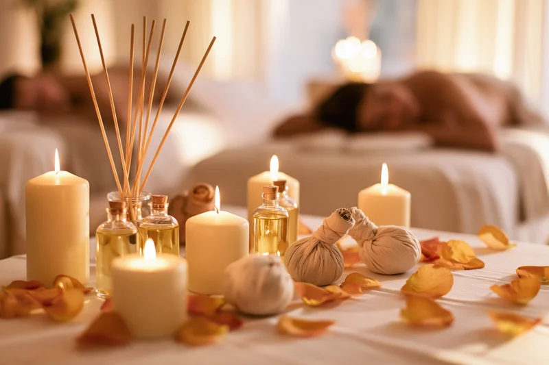 Spa treatment table with lit candles, essential oils, reed diffuser, and rose petals in foreground, massage beds in background