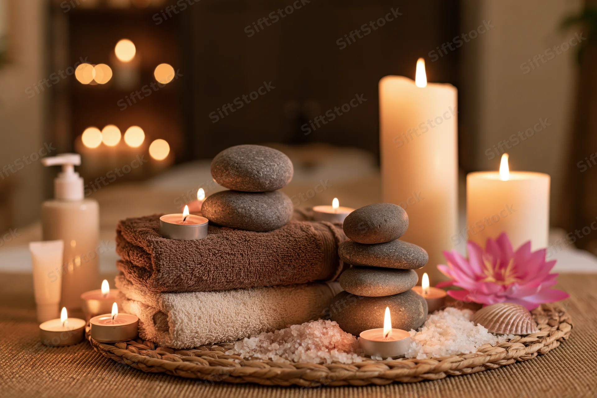 Folded brown and beige towels arranged with candles, stones, salt, and a lotus flower on a woven tray on a spa treatment table