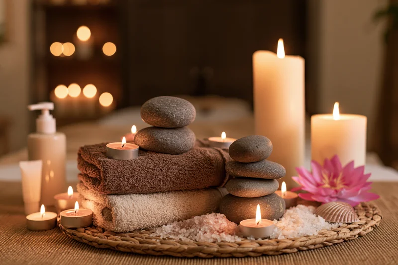 Folded brown and beige towels arranged with candles, stones, salt, and a lotus flower on a woven tray on a spa treatment table
