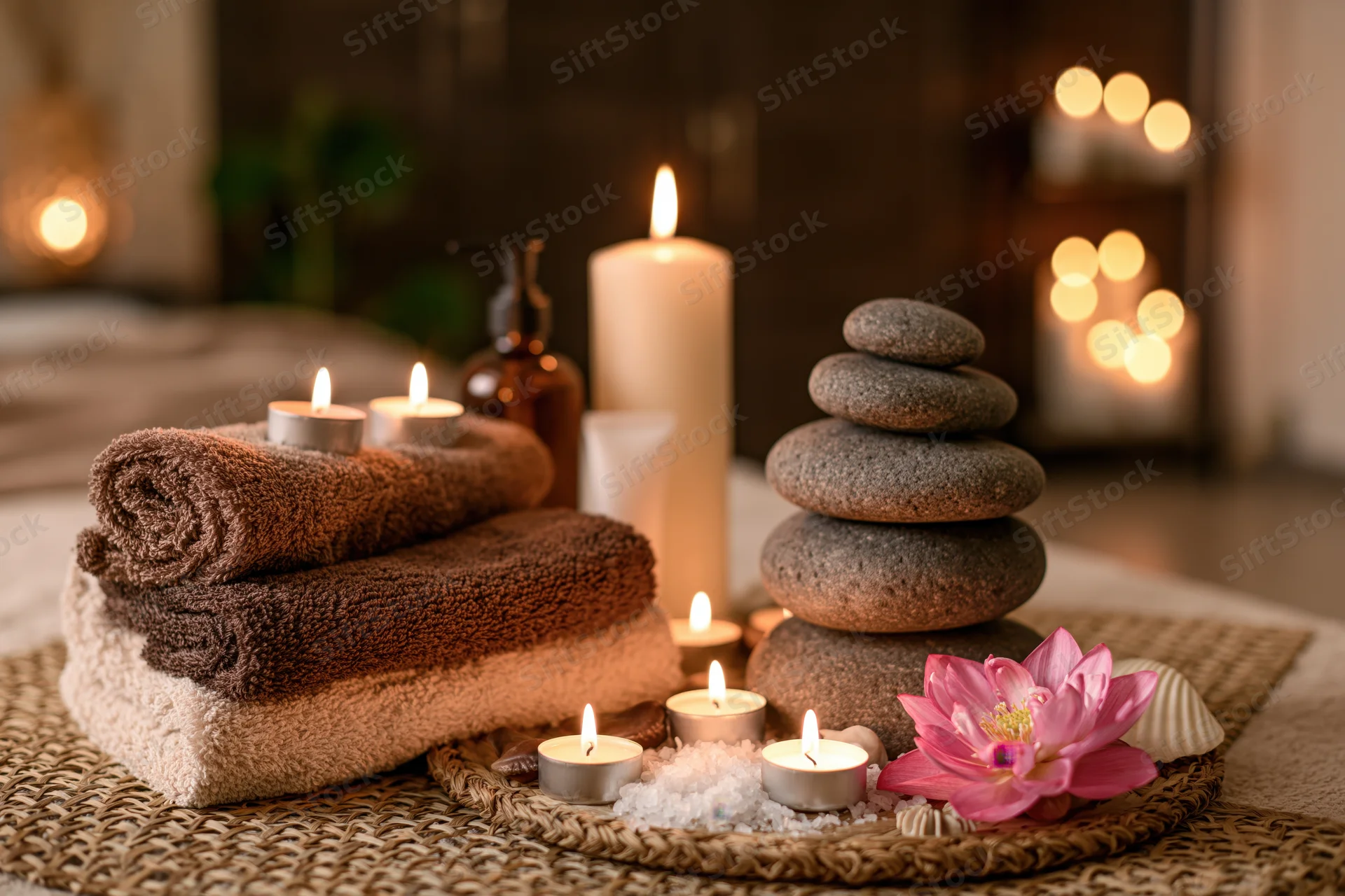 Folded brown and beige towels on a spa treatment table with candles, stones, and lotus flower