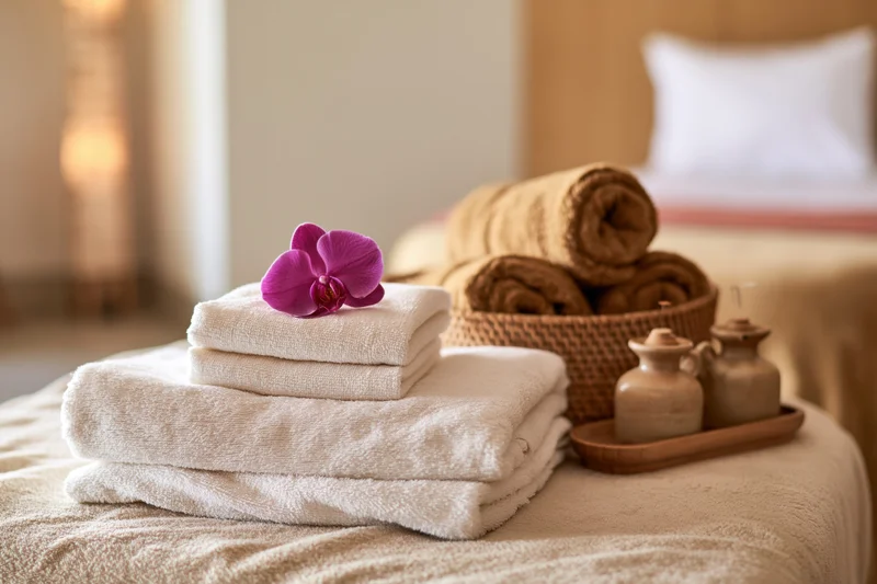 Folded white towels with purple orchid on spa treatment table beside ceramic jars and basket of towels