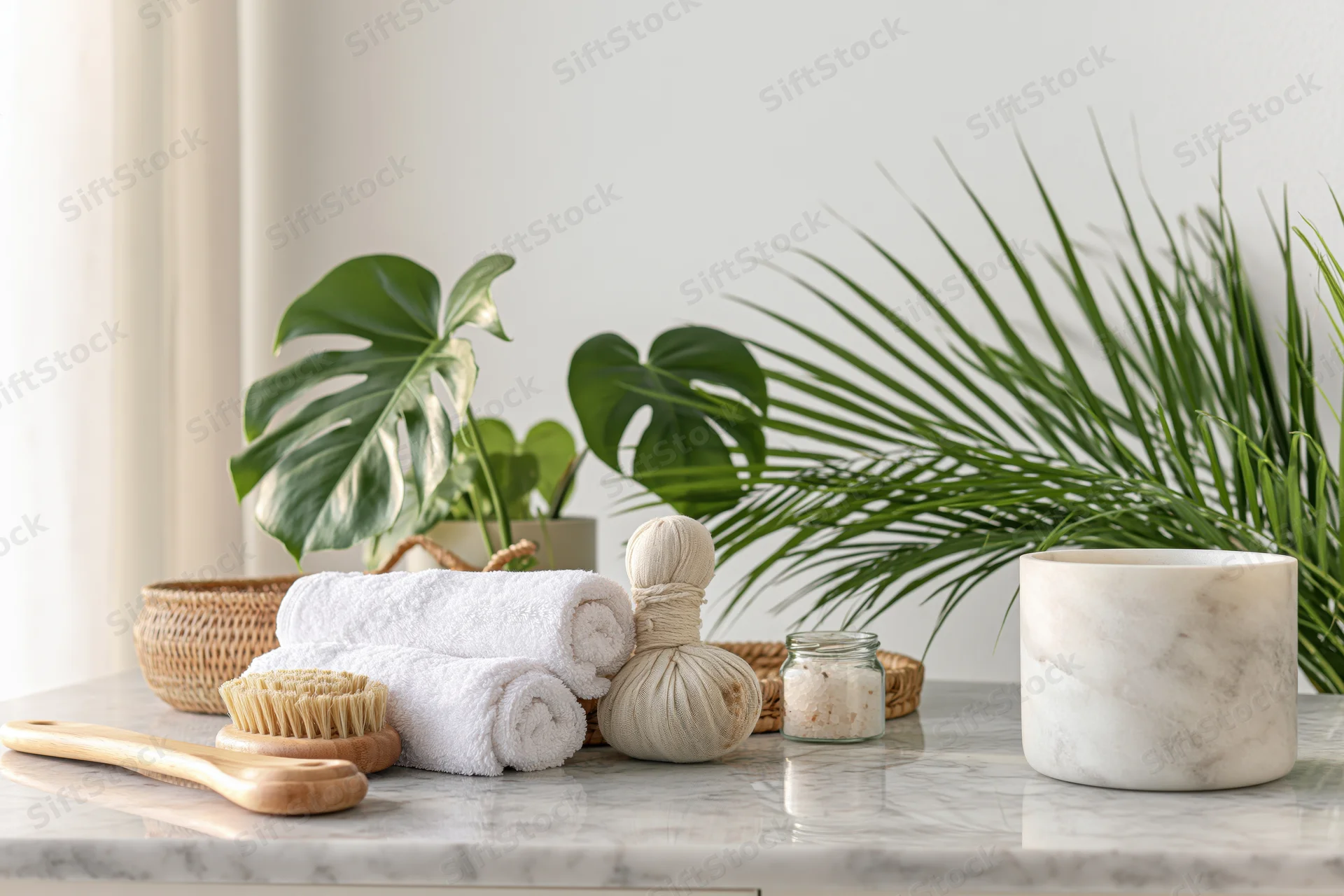 Spa wellness accessories arranged on a marble countertop with plants and towels