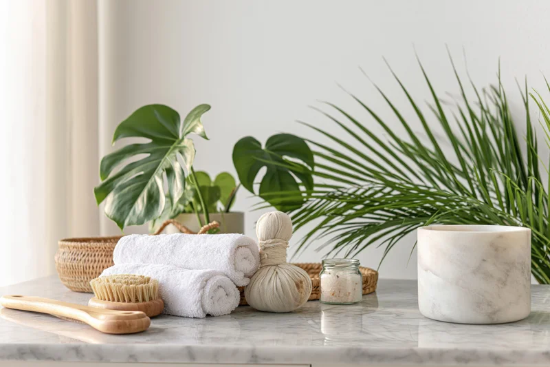 Spa wellness accessories arranged on a marble countertop with plants and towels
