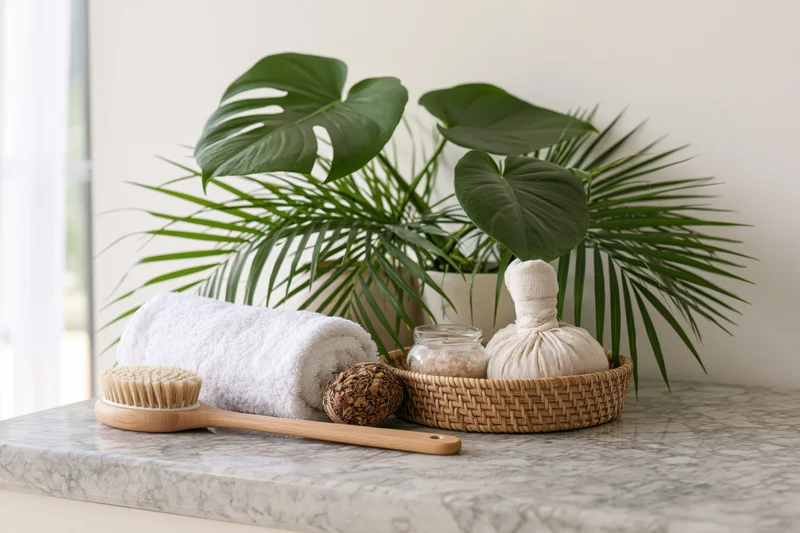 Spa wellness accessories arranged on a marble countertop with plants and towel