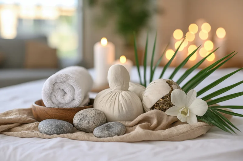 Spa wellness arrangement with herbal compresses, stones, towel and flowers on a massage table