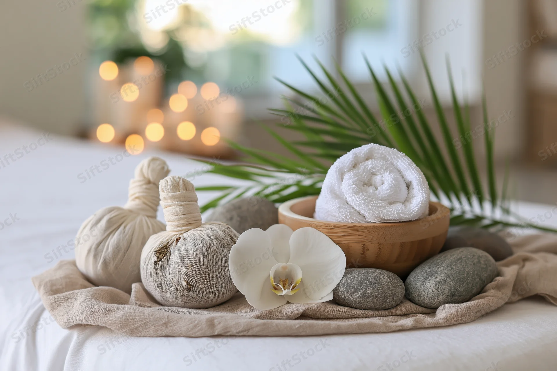 Spa wellness arrangement with herbal compresses, stones, orchid and towel on massage table