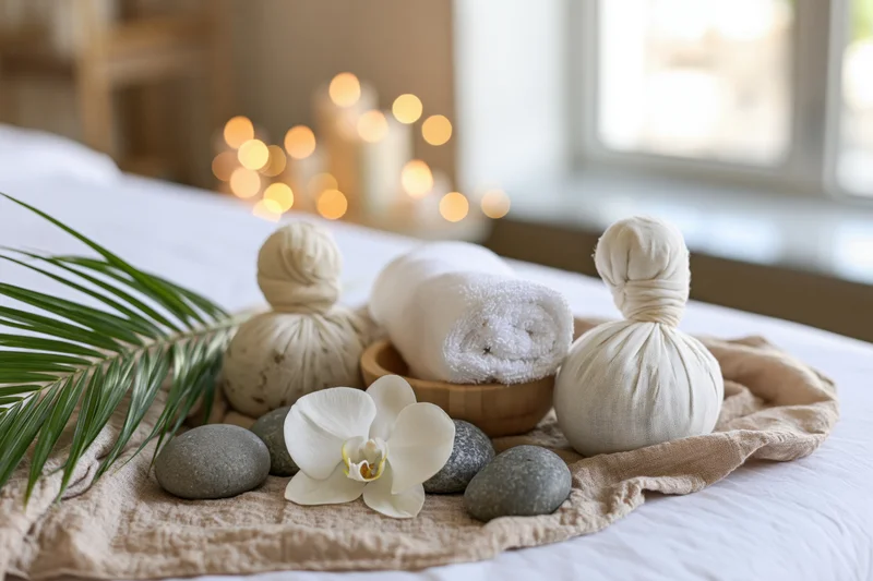 Herbal treatment bundle and orchid on massage table with stones and candles