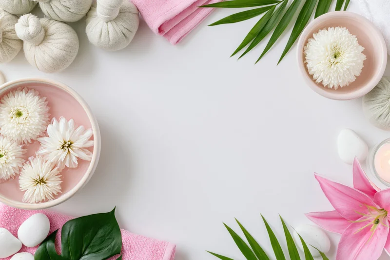 Spa wellness flat lay arranged as top and bottom border with flowers, towels, stones, and candles on white surface