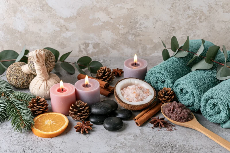 Spa wellness flat lay with candles, towels, herbs and natural elements on textured concrete surface
