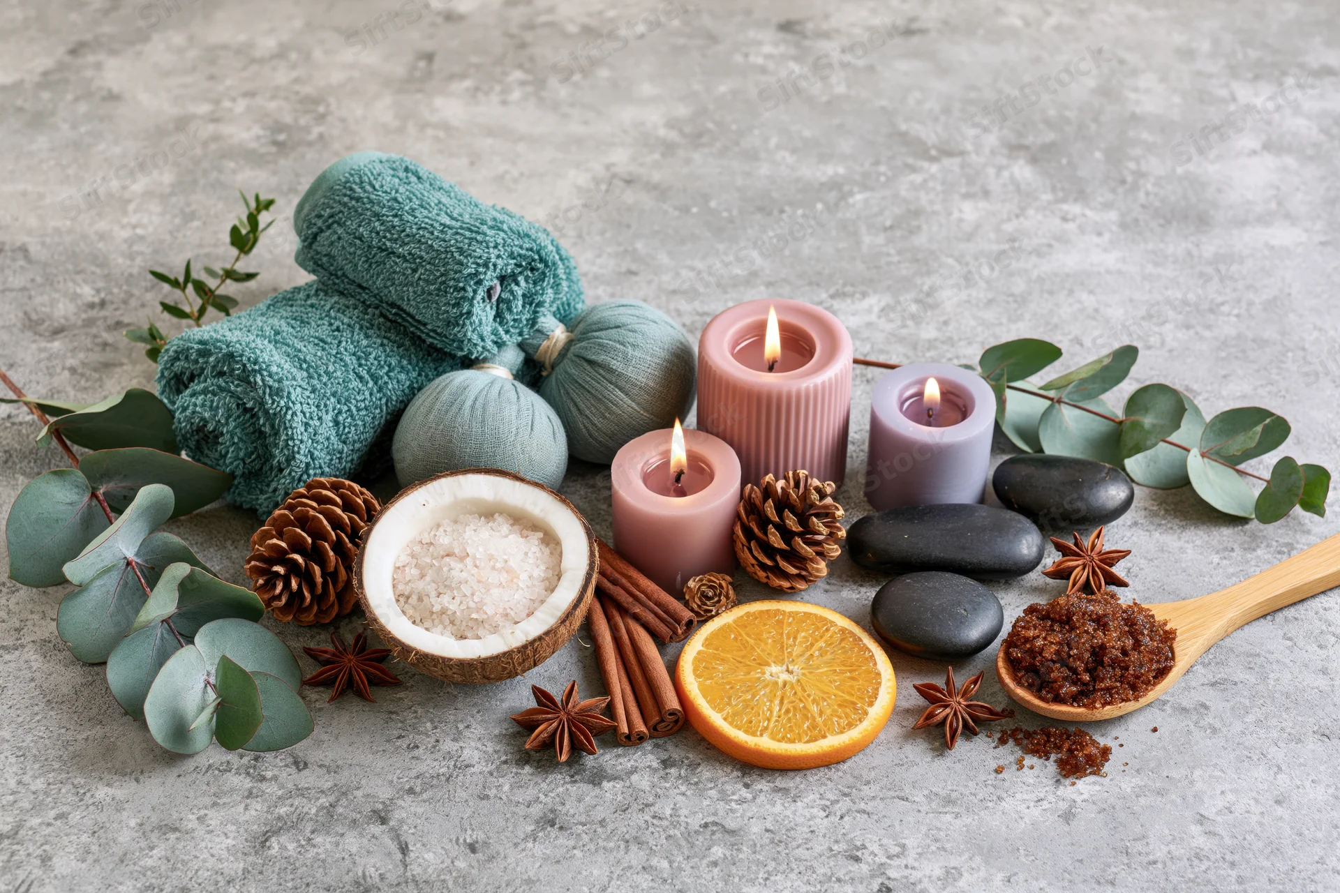 Spa wellness flat lay with candles, towels, herbs, and natural ingredients on textured concrete surface