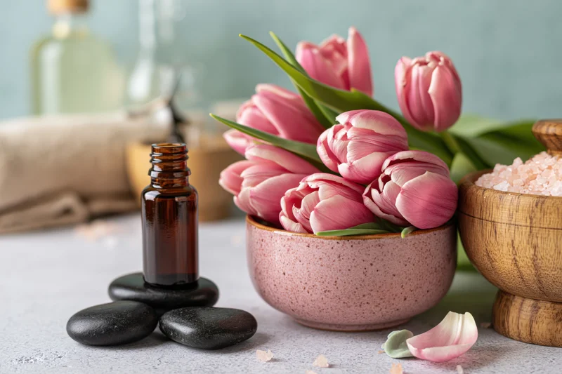 Pink tulips in a ceramic bowl with essential oil bottle and smooth stones on a light grey surface