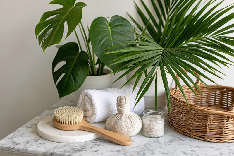 Spa wellness flat lay with plants, towel, brush and jar on marble countertop