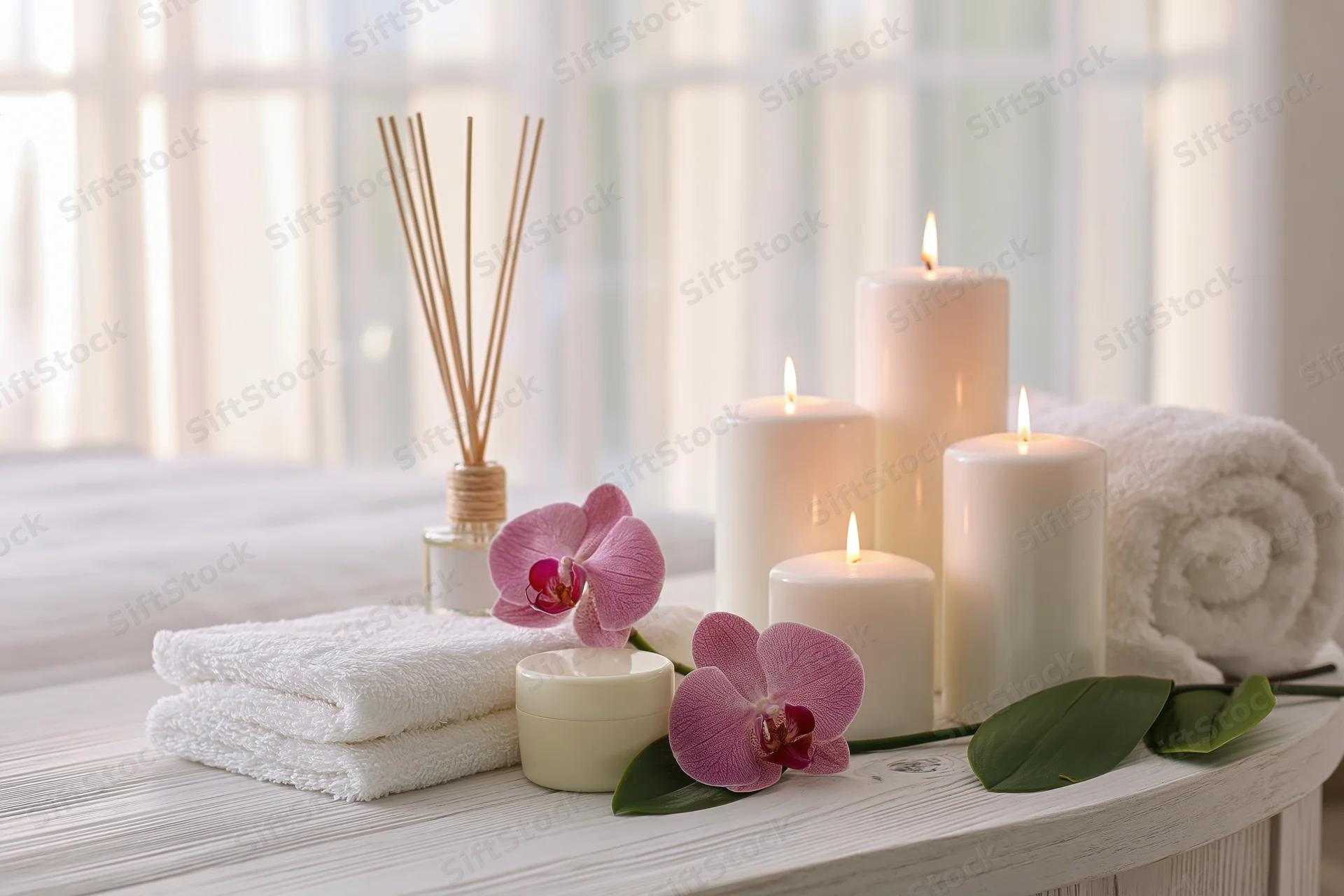 Spa wellness arrangement with candles, orchid, towels and reed diffuser on white wooden table