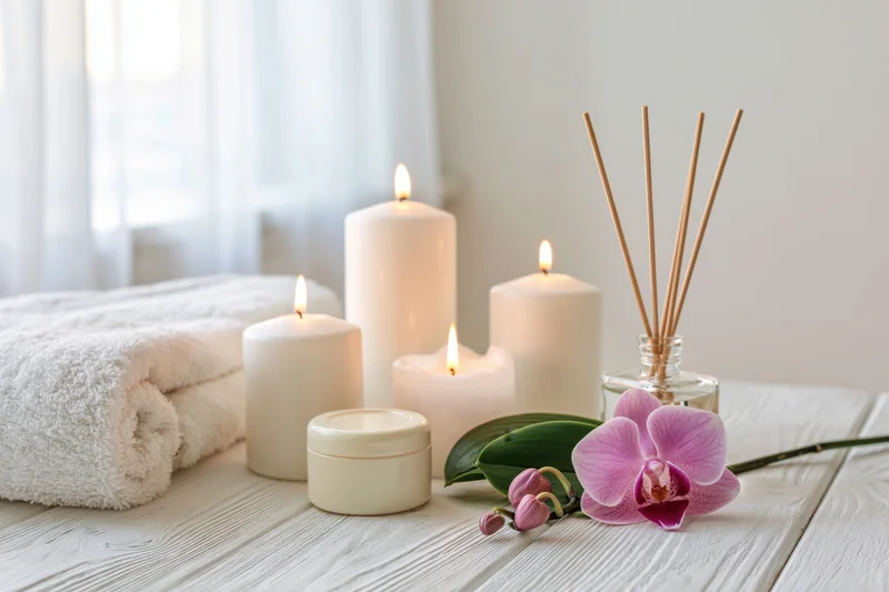Spa wellness flat lay with candles, orchid, reed diffuser and towel on white wooden surface