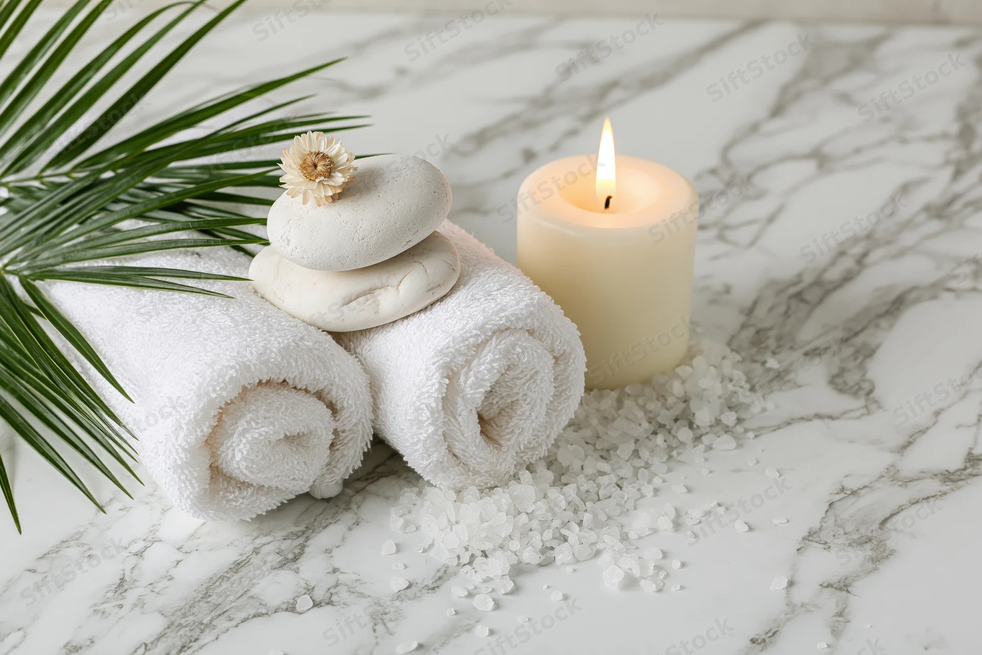 Rolled white towels with stones, candle, salt and palm leaves on marble surface
