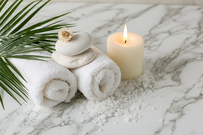 Rolled white towels with stones, candle, salt and palm leaves on marble surface