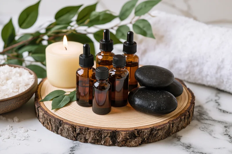 Essential oil bottles with candle, stones and greenery arranged on wooden slice for spa wellness flat lay