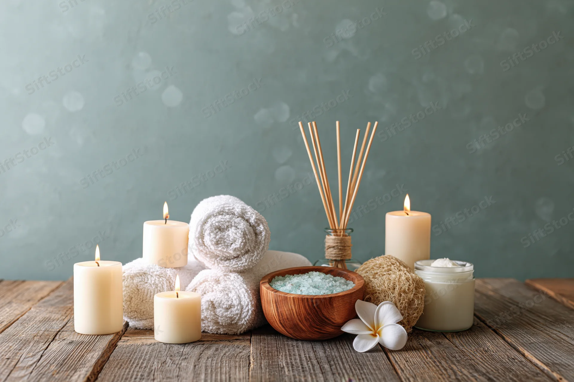Spa wellness products arranged on rustic wooden table with candles, towels, and diffuser