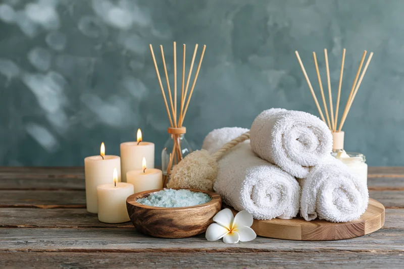 Spa wellness products arranged on rustic wooden table with candles, towels, reed diffusers and bath salts