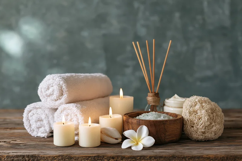 Spa wellness products arranged on rustic wooden table with candles, towels, and natural accessories