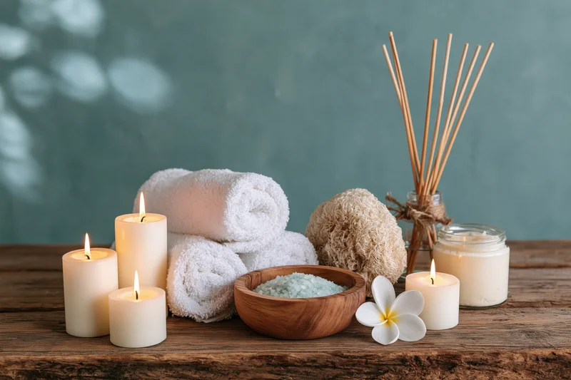 Spa wellness products arranged on a rustic wooden table with candles, towels, salt, and reed diffuser