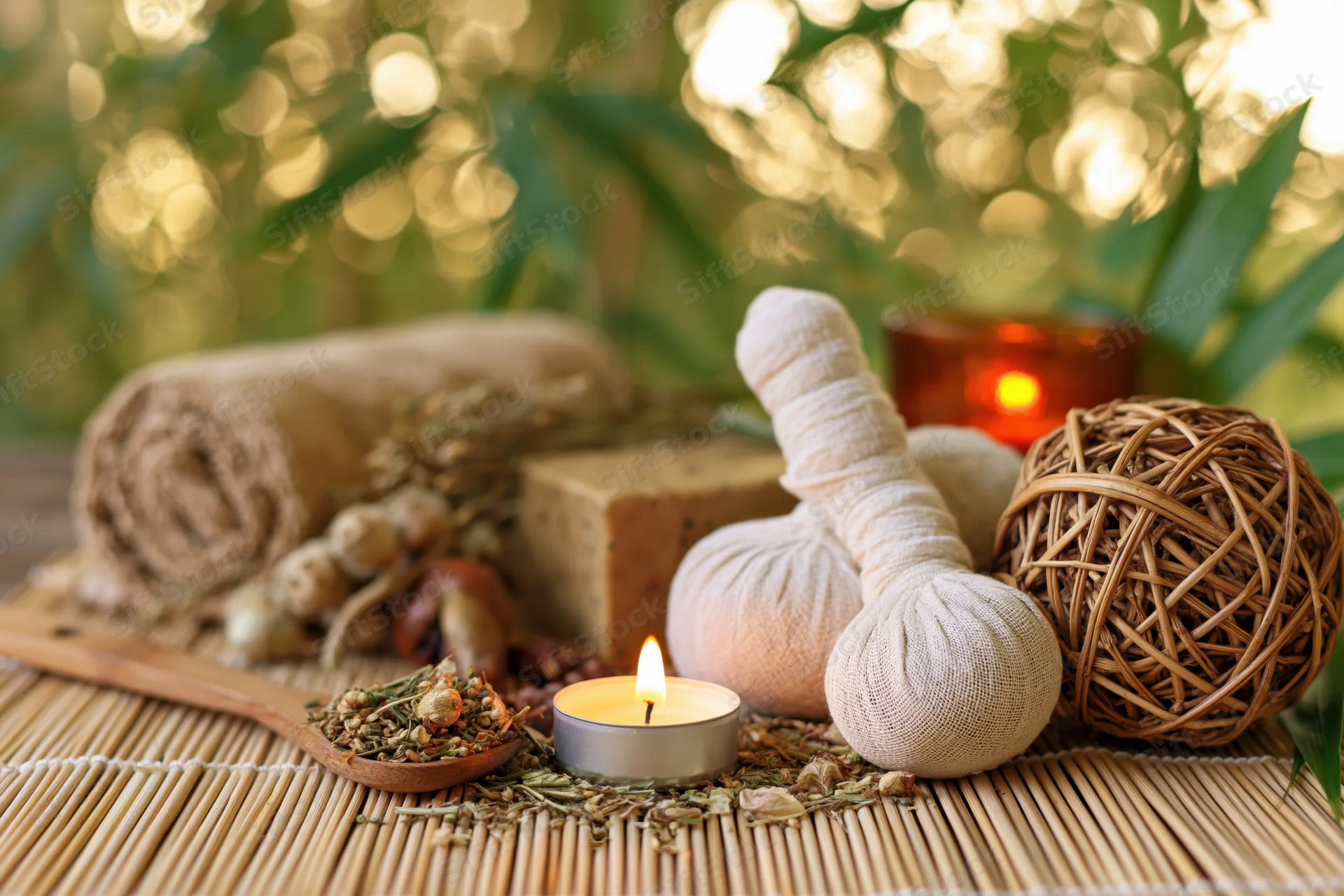 Spa wellness still life with lit candle, herbs, massage tools and towel on bamboo mat