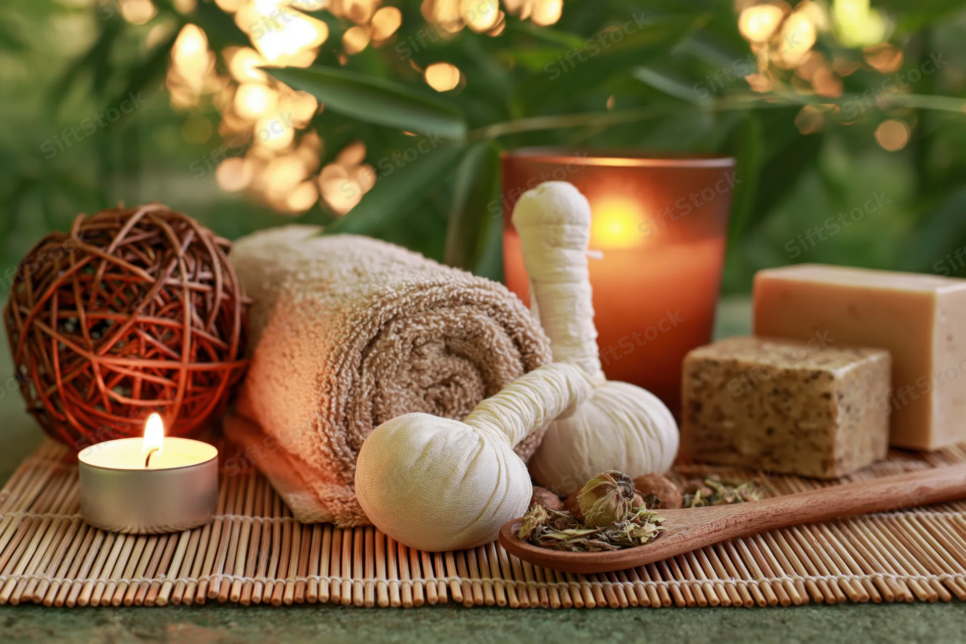 Spa wellness still life with candles, towel, soap, and herbs on bamboo mat