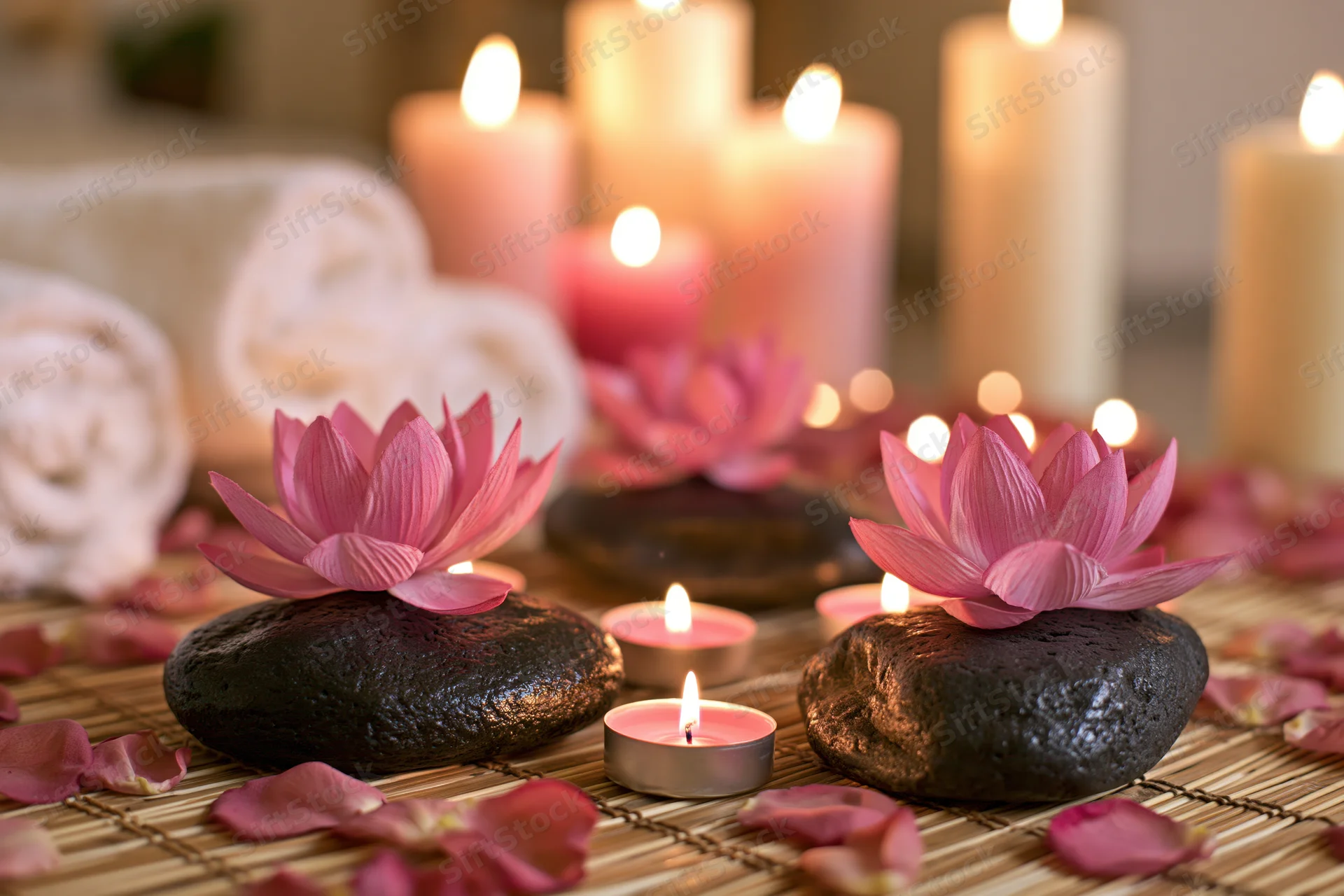 Pink lotus flowers on dark stones with candles and petals arranged on a bamboo mat for spa wellness