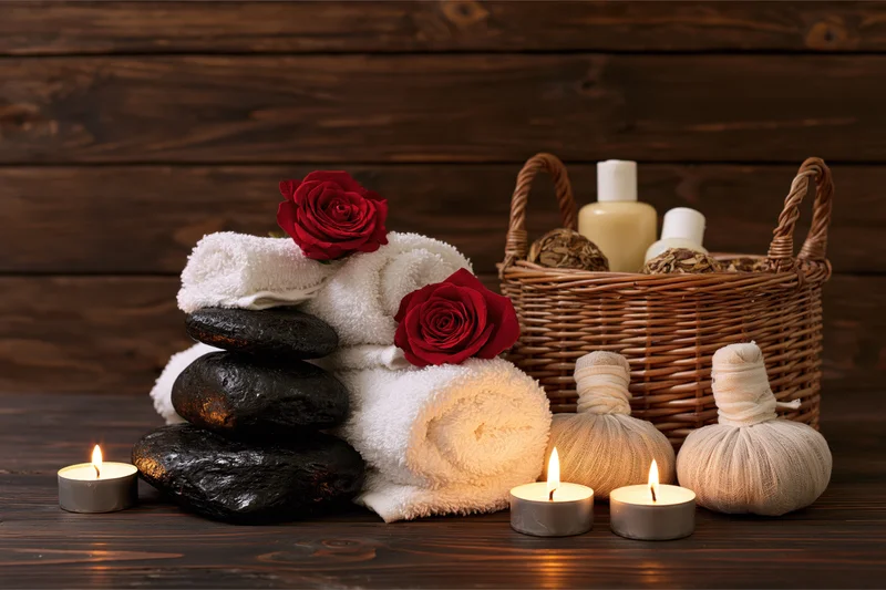 Spa still life with candles, towels, stones and roses on dark wooden surface