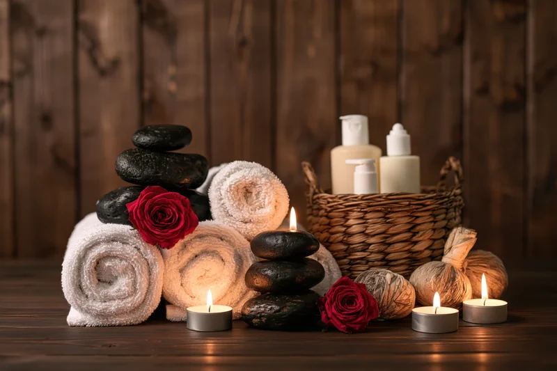 Spa still life with candles, towels, stones and roses on dark wooden surface